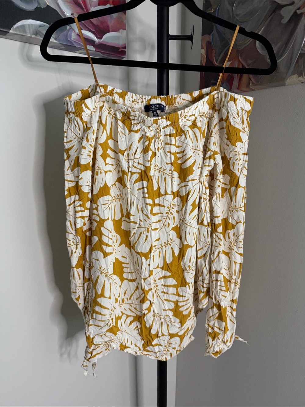 One Clothing Mustard Off-Shoulder Leaf-Print Blouse